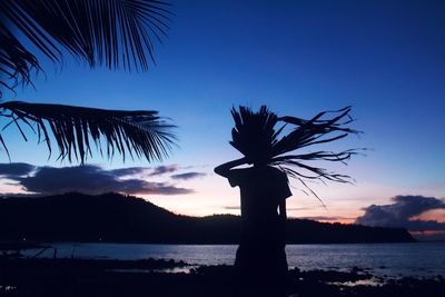 Silhouette palm tree by lake against sky at sunset