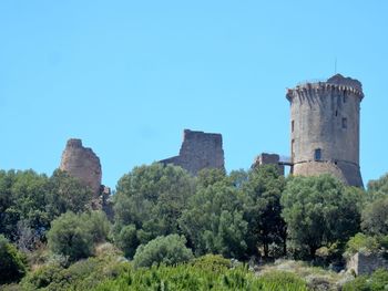 Low angle view of historic building against clear blue sky