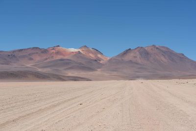 Scenic view of desert against clear blue sky