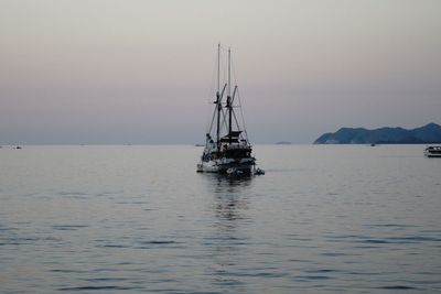 Sailboat sailing on sea against sky