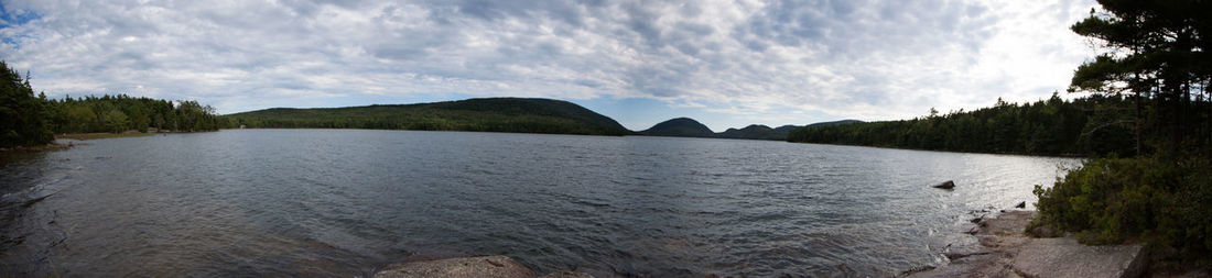 Scenic view of lake against cloudy sky