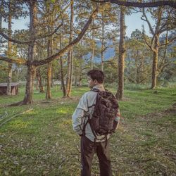 Rear view of man standing in forest