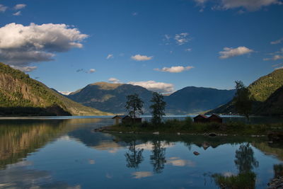 Scenic view of lake and mountains against sky