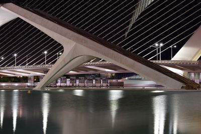 Interior of bridge over river at night