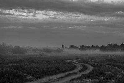 Footpath amidst field against cloudy sky