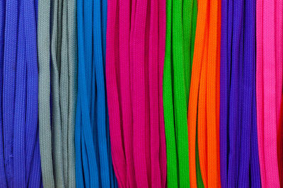 Full frame shot of multi colored shoelaces at market