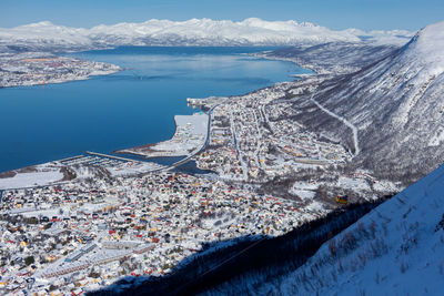 High angle view of city during winter