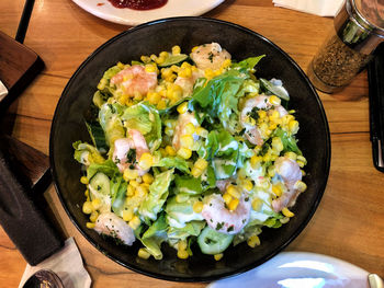 High angle view of breakfast served on table