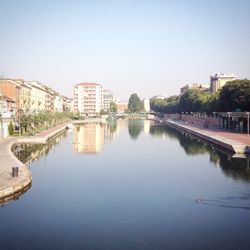 River in town against clear sky