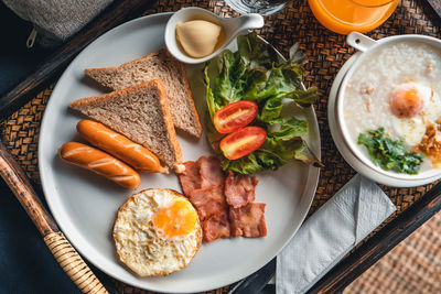 High angle view of breakfast served on table