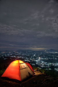 High angle view of tent in city against sky