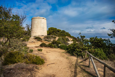 Built structure on landscape against sky