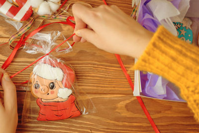 High angle view of hand holding toy