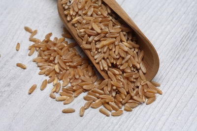 Close-up of wheat grains in scoop on table