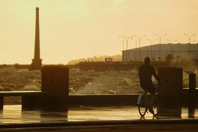 clear sky, men, lifestyles, sunset, leisure activity, water, sitting, full length, rear view, silhouette, copy space, railing, sea, bicycle, standing, built structure, side view