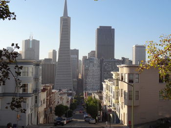 View of city buildings against clear sky