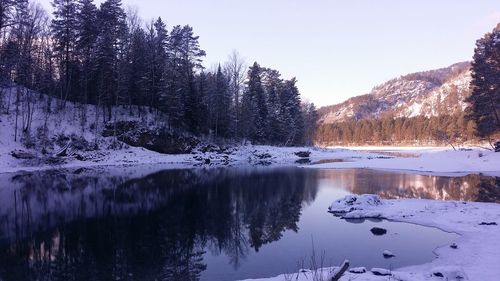 Scenic view of snow covered lake against clear sky