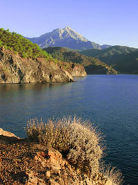 Scenic view of lake and mountains against sky