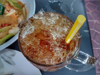 High angle view of drink on table