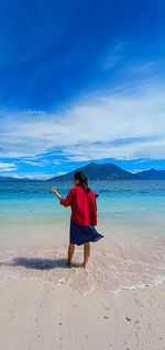 Rear view of man on beach against sky