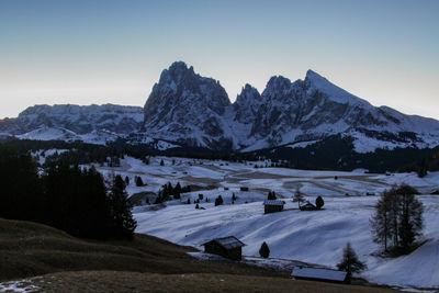 Scenic view of snowcapped mountains against clear sky