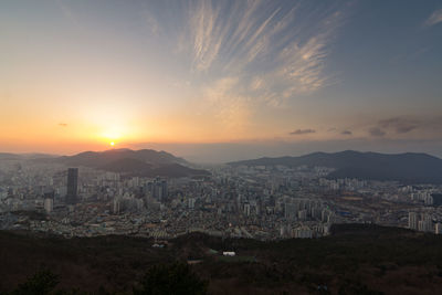 Aerial view of city at sunset