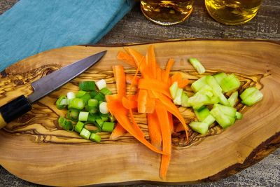 High angle view of chopped vegetables on table