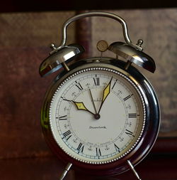 Close-up of alarm clock at home