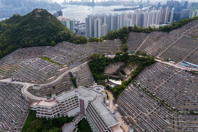 High angle view of street amidst buildings in city