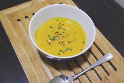 High angle view of soup in bowl on table