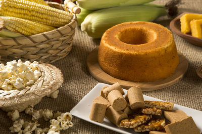 High angle view of bread in basket on table