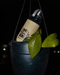 Close-up of bottle hanging on rope against black background