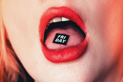 Close-up of woman with text