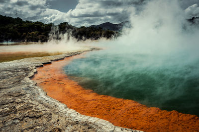 Smoke emitting from volcanic mountain