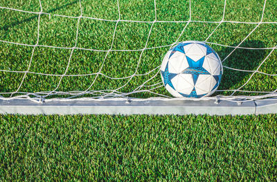 Soccer ball by net on playing field