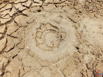 High angle view of text on sand