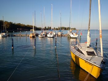 Boats moored in sea