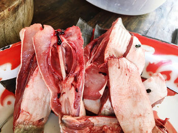 High angle view of red chili peppers on table