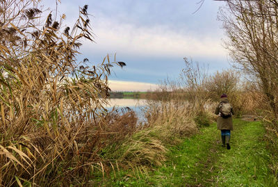 Rear view of man on grass by lake against sky