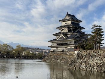 Traditional building by lake against sky