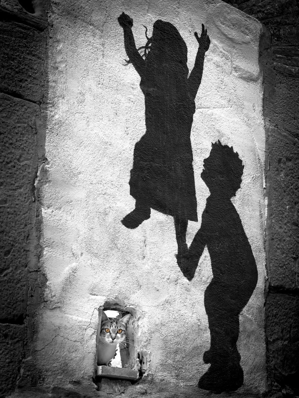 SHADOW OF WOMAN ON WALL WITH ARMS