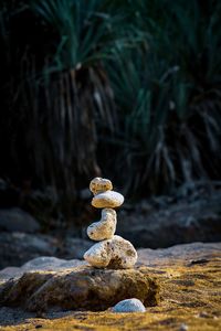 Close-up of stone stack on rock