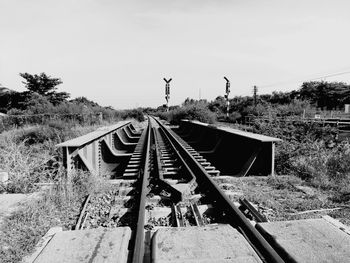 Railroad track amidst field against clear sky