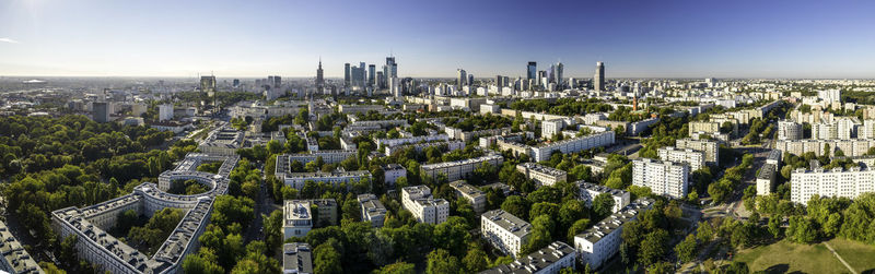 Beautiful panoramic drone view of the centre of modern warsaw 