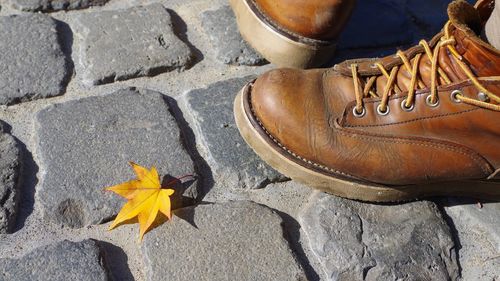 Low section of shoes standing on footpath