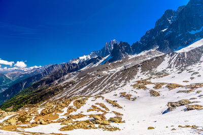 Scenic view of snow covered mountains against blue sky