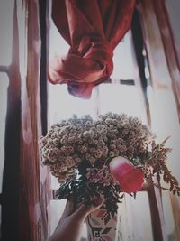 Midsection of woman holding red flowering plant