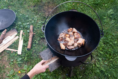 High angle view of food on barbecue grill