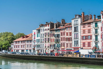 Buildings by river against clear blue sky