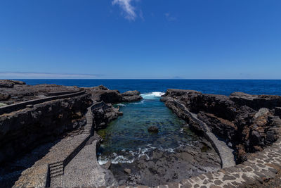 Scenic view of sea against clear blue sky